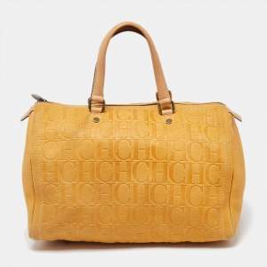 CH Carolina Herrera Mustard Monogram Embossed Leather Large Andy Boston Bag
