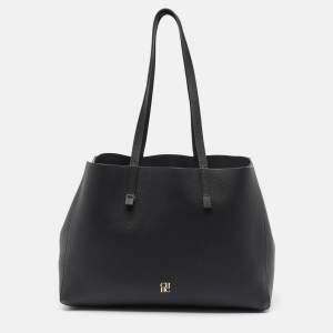 CH Carolina Herrera Black Leather Editors Shopping Zip Tote