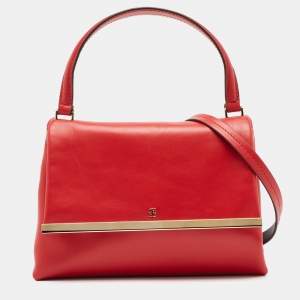 Pre Owned CH Carolina Herrera Red Leather Metal Bar Flap Top Handle Bag