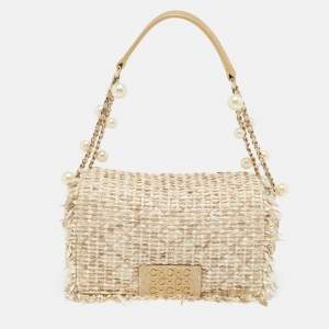 Pre Owned CH Carolina Herrera Beige/Silver Tweed and Leather Faux Pearl Embellished Shoulder Bag