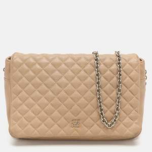 Pre Owned CH Carolina Herrera Beige Quilted Leather Flap Shoulder Bag