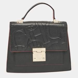 CH Carolina Herrera Black Embossed Leather Top Handle Bag