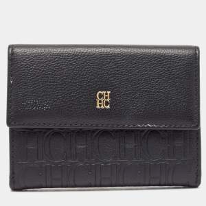 CH Carolina Herrera Black Monogram Leather Compact Wallet