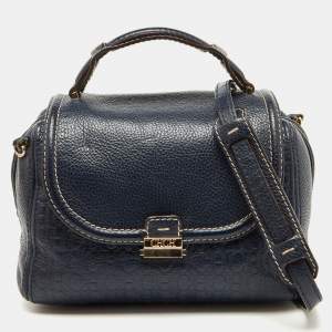 CH Carolina Herrera Navy Blue Monogram Embossed Leather Flap Top Handle Bag