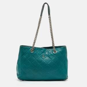 Pre Owned CH Carolina Herrera Green Quilted Embossed Leather Chain Tote