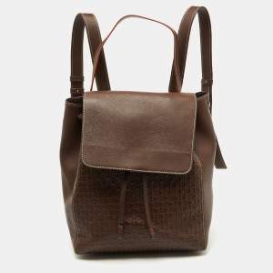 CH Carolina Herrera Brown Monogram Embossed Leather Flap Backpack