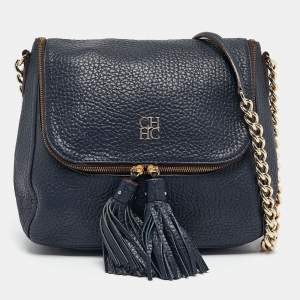 CH Carolina Herrera Navy Blue Pebbled Leather Tassel Shoulder Bag