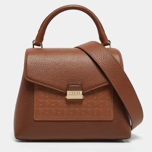 Pre Owned CH Carolina Herrera Brown Monogram Embossed Leather Flap Top Handle Bag