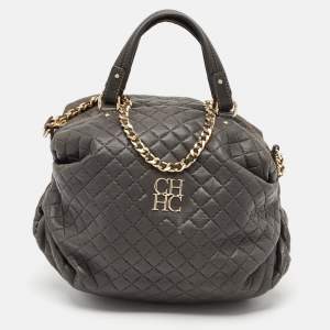 CH Carolina Herrera Dark Grey Quilted Leather Pleated Chain Hobo