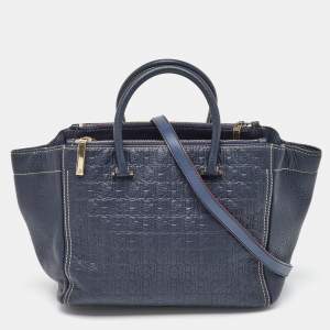 CH Carolina Herrera Navy Blue Monogram Embossed Leather Tote