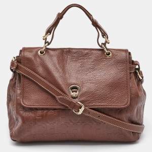 CH Carolina Herrera Brown Monogram Embossed Leather Flap Top Handle Bag