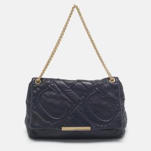CH Carolina Herrera Navy Blue Quilted Leather Flap Chain Shoulder Bag