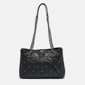 Pre Owned CH Carolina Herrera Black Quilted Leather Crystal Studded Chain Tote