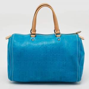 CH Carolina Herrera Blue Monogram Embossed Leather Large Andy Boston Bag