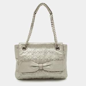 CH Carolina Herrera Silver Monogram Embossed Leather Audrey Bow Shoulder Bag