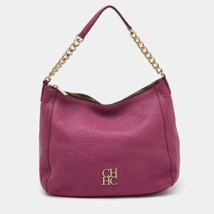 CH Carolina Herrera Pink Grained Leather Zip Hobo