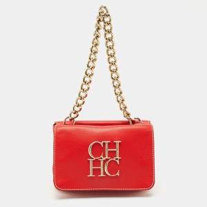 CH Carolina Herrera Red Leather Double Flap Chain Shoulder Bag  
