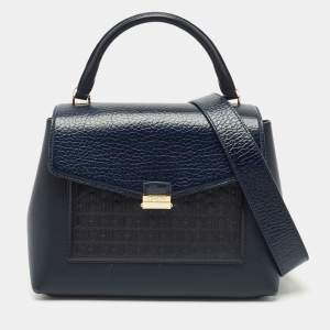 CH Carolina Herrera Navy Blue Monogram Leather Pushlock Top Handle Bag