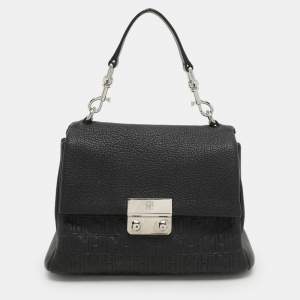 CH Carolina Herrera Black Monogram Leather Mini Baret Top Handle Bag