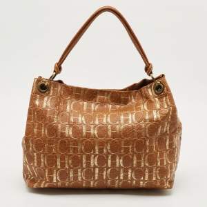 CH Carolina Herrera Brown/Gold Monogram Leather Hobo