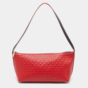 CH Carolina Herrera Red Monogram Embossed Leather Pochette Bag