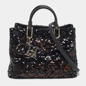 CH Carolina Herrera Black/Bronze Sequins Charm Tote