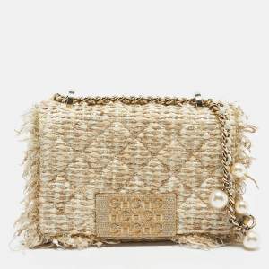 CH Carolina Herrera Beige/Metallic Tweed Faux Pearl Embellished Crossbody Bag