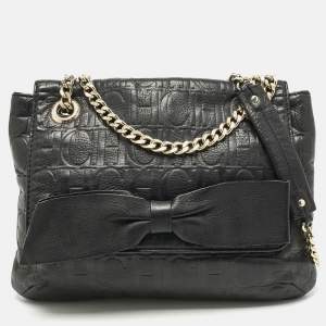 CH Carolina Herrera Black Monogram Embossed Leather Audrey Shoulder Bag