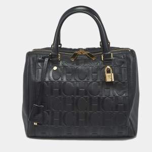 Pre Owned CH Carolina Herrera Black Monogram Embossed Leather Andy 7 Locked Boston Bag