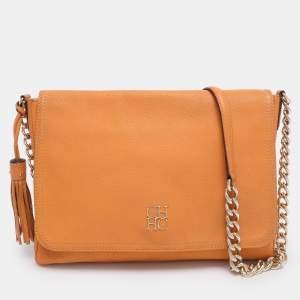 Pre Owned CH Carolina Herrera Mustard Leather Tassel Flap Chain Shoulder Bag