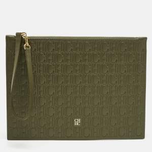 Pre Owned CH Carolina Herrera Khaki Monogram Leather Editors Continental Pouch