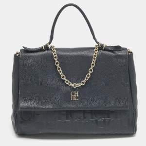 Pre Owned CH Carolina Herrera Navy Blue Leather Minuetto Flap Top Handle Bag