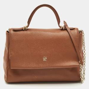 Pre Owned CH Carolina Herrera Brown Leather Minuetto Flap Top Handle Bag