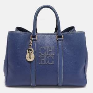 Pre Owned CH Carolina Herrera Blue Grained Leather Matteo Tote