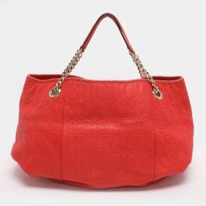 Pre Owned CH Carolina Herrera Red Monogram Embossed Leather Chain Handle Tote