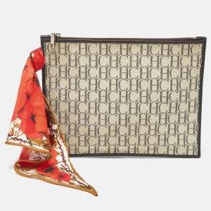 Pre Owned CH Carolina Herrera Beige/Brown Monogram Canvas Continental Pouch