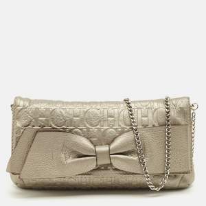 Pre Owned CH Caroline Herrera Metallic Grey Monogram Embossed Leather Bow Chain Clutch