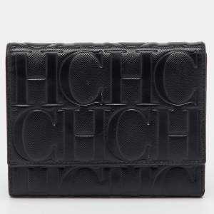 Pre Owned CH Carolina Herrera Black Leather Logo Embossed Trifold Wallet