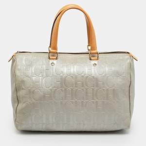 Pre Owned CH Carolina Herrera Andy Large Grey Monogram Embossed Leather Boston Bag