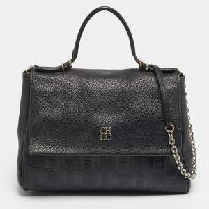 Pre Owned CH Carolina Herrera Minuetto Flap Black Monogram Embossed Leather Top Handle Bag