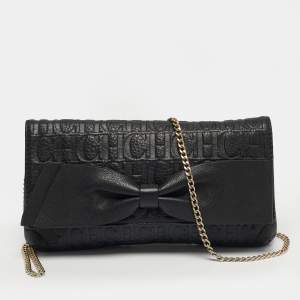 مملوكة مسبقًا CH Carolina Herrera Black Monogram Embossed Leather Bow Flap Chain Shoulder Bag