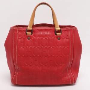 Pre Owned CH Carolina Herrera Red/Beige Monogram Embossed Leather Tote