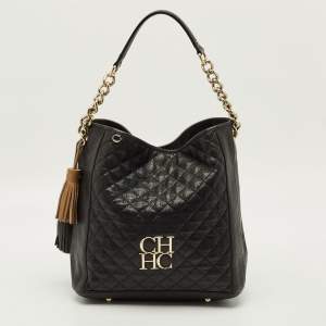 Pre Owned CH Carolina Herrera Tassel Black Quilted Leather Hobo