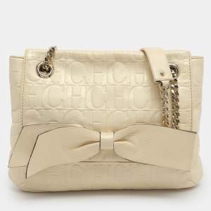 Pre Owned CH Carolina Herrera Audrey Bow Cream Monogram Embossed Leather Shoulder Bag