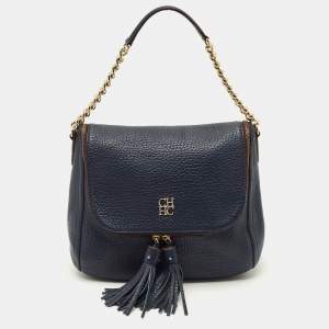 Pre Owned CH Carolina Herrera Navy Blue Pebbled Leather Tassel Shoulder Bag