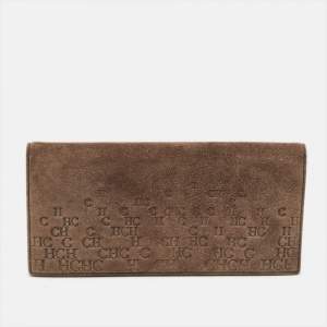 Pre Owned CH Carolina Herrera Brown Monogram Suede Long Wallet