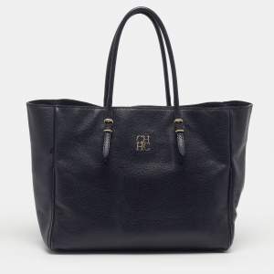 Pre Owned CH Carolina Herrera Navy Blue Leather Shopper Tote