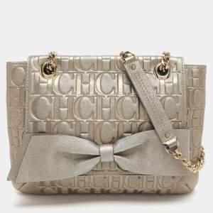 Pre Owned CH Carolina Herrera Audrey Gold Monogram Embossed Leather Shoulder Bag