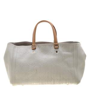 Pre Owned Carolina Herrera White/Beige Monogram Embossed Leather Tote