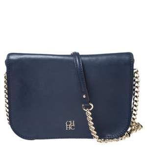 Pre Owned CH Carolina Herrera Navy Blue Leather Shoulder Bag